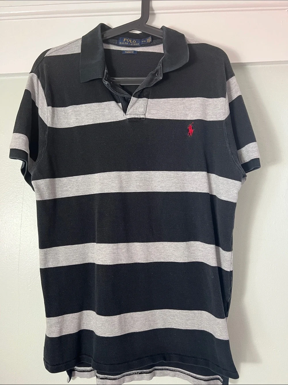 Polo by Ralph Lauren Black & Gray Striped Short-Sleeve Polo with Red Pony